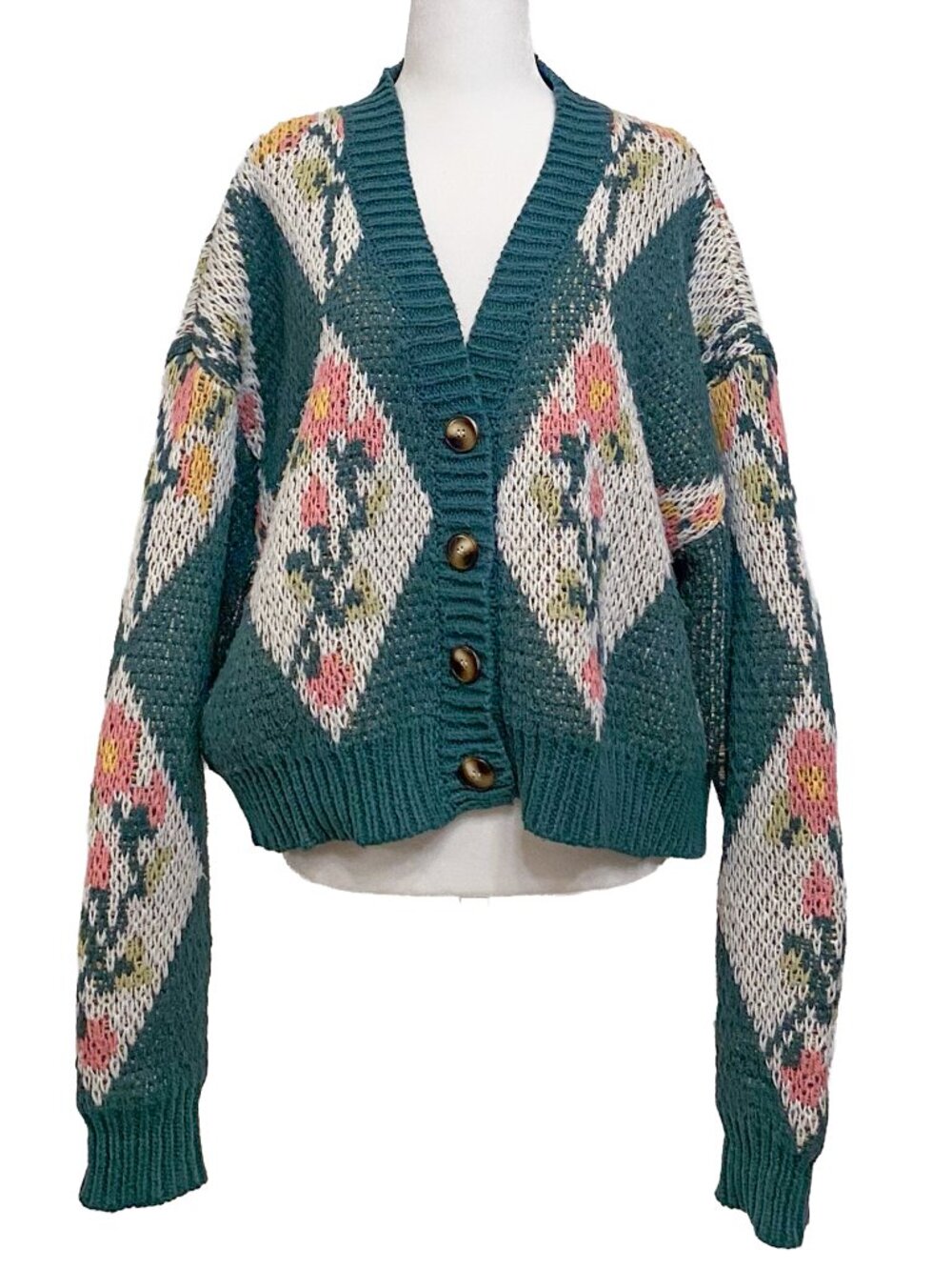 IN LOOM Green & Pink Diamond Floral Knit Cardigan Sweater Cottagecore L